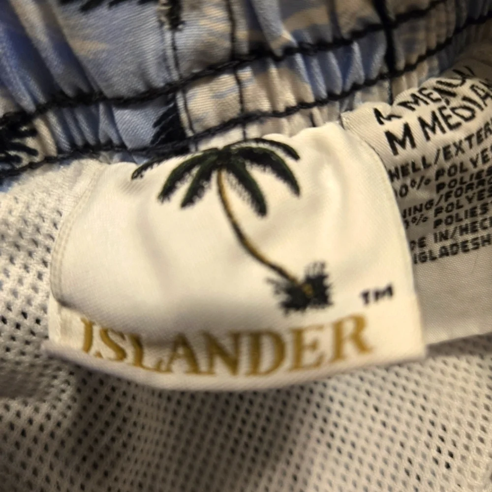 Islander Palm Tree Print Men's Medium Swim Trunks Board Shorts Blue Black White